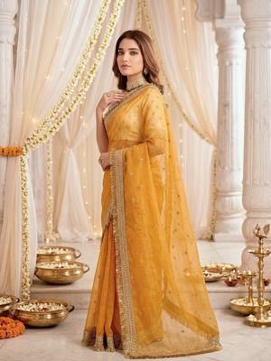 yellow color satin sequin embroidered work saree with contrast blouse 2