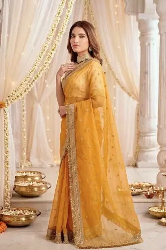 yellow color satin sequin embroidered work saree with contrast blouse
