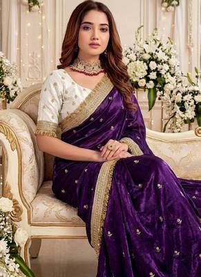 purple color satin sequin embroidered work saree with contrast blouse 2