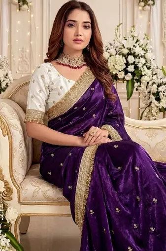 purple color satin sequin embroidered work saree with contrast blouse