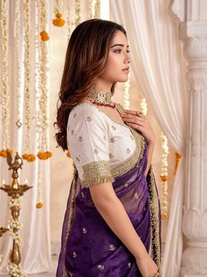 purple color satin sequin embroidered work saree with contrast blouse 3
