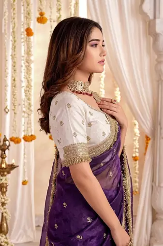purple color satin sequin embroidered work saree with contrast blouse