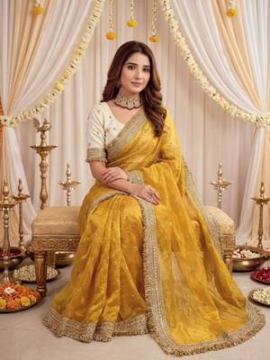 yellow color satin sequin embroidered work saree with contrast blouse 3
