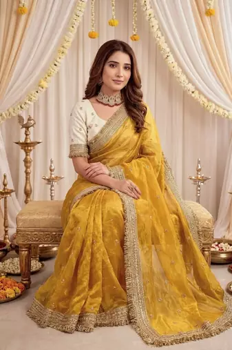 yellow color satin sequin embroidered work saree with contrast blouse