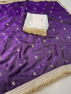 purple color satin sequin embroidered work saree with contrast blouse 4