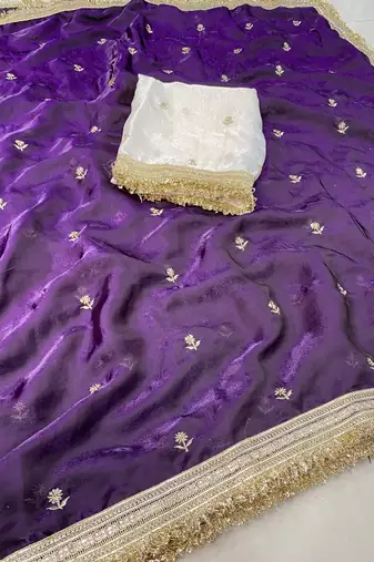 purple color satin sequin embroidered work saree with contrast blouse