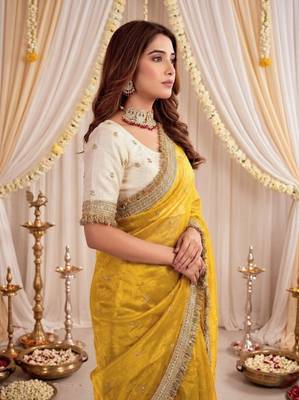 yellow color satin sequin embroidered work saree with contrast blouse 4