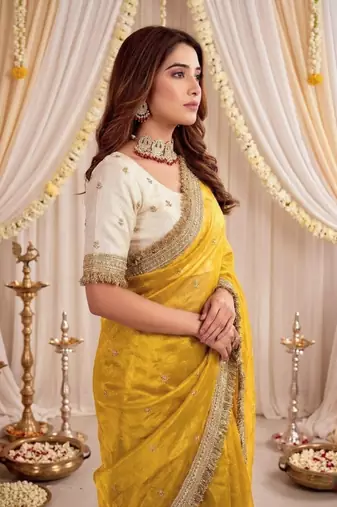 yellow color satin sequin embroidered work saree with contrast blouse
