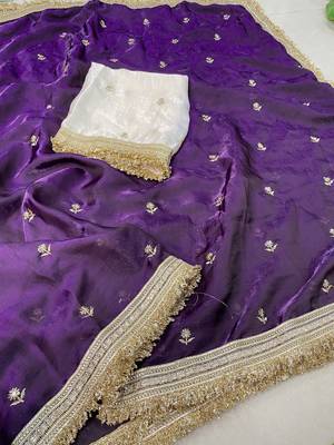 purple color satin sequin embroidered work saree with contrast blouse 5