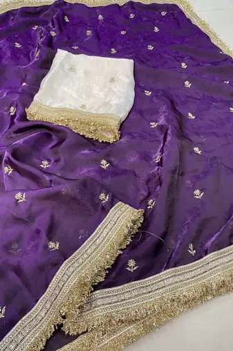purple color satin sequin embroidered work saree with contrast blouse