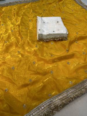 yellow color satin sequin embroidered work saree with contrast blouse 5