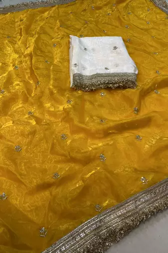 yellow color satin sequin embroidered work saree with contrast blouse