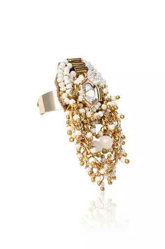 White gold kundan beaded ring