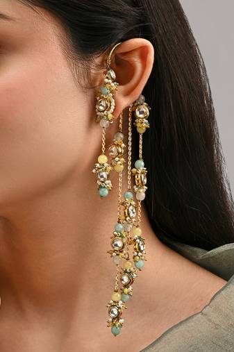 Gold plated kundan layered earcuff with earrings