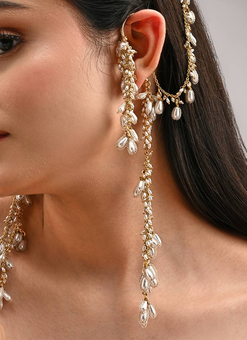 Pearl drop bunches hangings earcuff with side ear chain