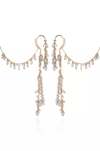 Pearl drop bunches hangings earcuff with side ear chain