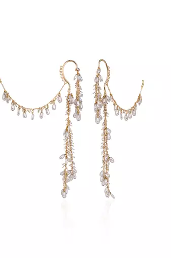 Pearl drop bunches hangings earcuff with side ear chain