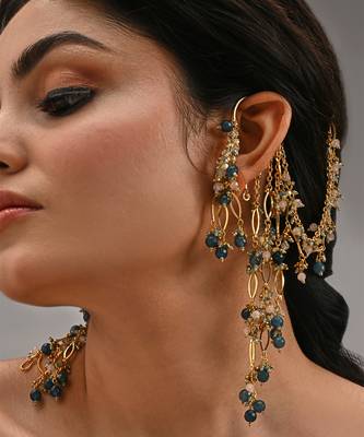 Navy blue gold beaded ear chain 1