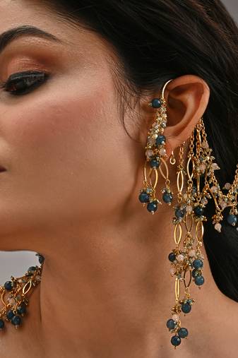 Navy blue gold beaded ear chain