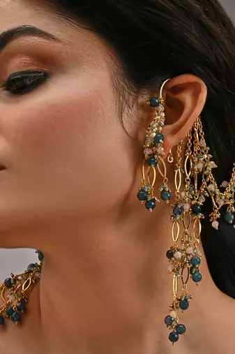 Navy blue gold beaded ear chain