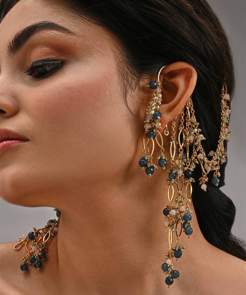 Navy blue gold beaded ear chain