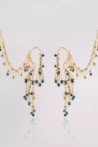 Navy blue gold beaded ear chain