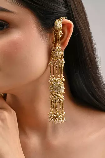 Gold plated metallic beige stones long ear chain
