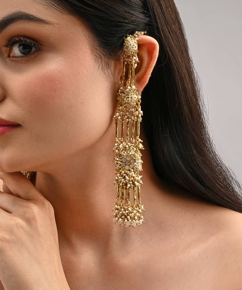 Gold plated metallic beige stones long ear chain