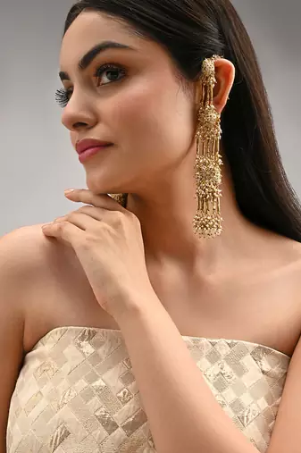 Gold plated metallic beige stones long ear chain