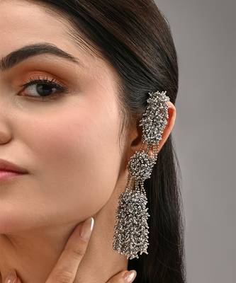 Silver plated multi layer crystal studded long earrings 1