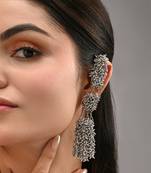 Silver plated multi layer crystal studded long earrings