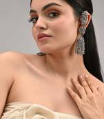 Silver plated multi layer crystal studded long earrings