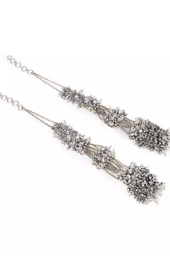 Silver plated multi layer crystal studded long earrings