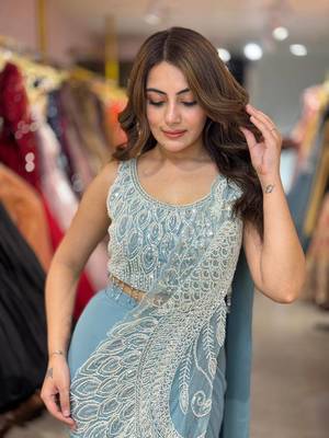Sky blue silk blend sequins work full stitch up to 42 inch saree with blouse 5