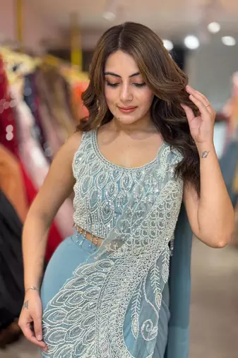 Sky blue silk blend sequins work full stitch up to 42 inch saree with blouse