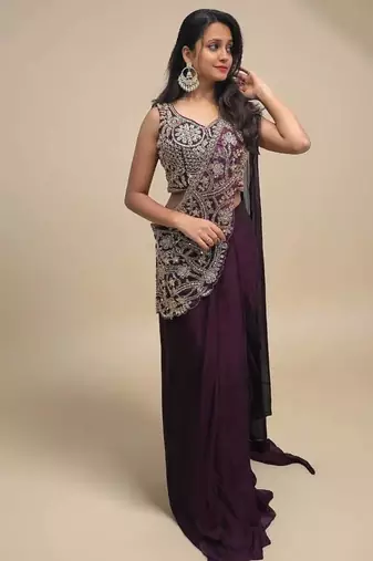 Wine silk blend thread work full stitch up to 42 inch saree with blouse