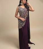 Wine silk blend thread work full stitch up to 42 inch saree with blouse