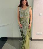 Mehendi chiffon thread work full stitch up to 42 inch saree with blouse