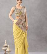 Yellow chiffon hand embroidery full stitch up to 42 inch saree with blouse
