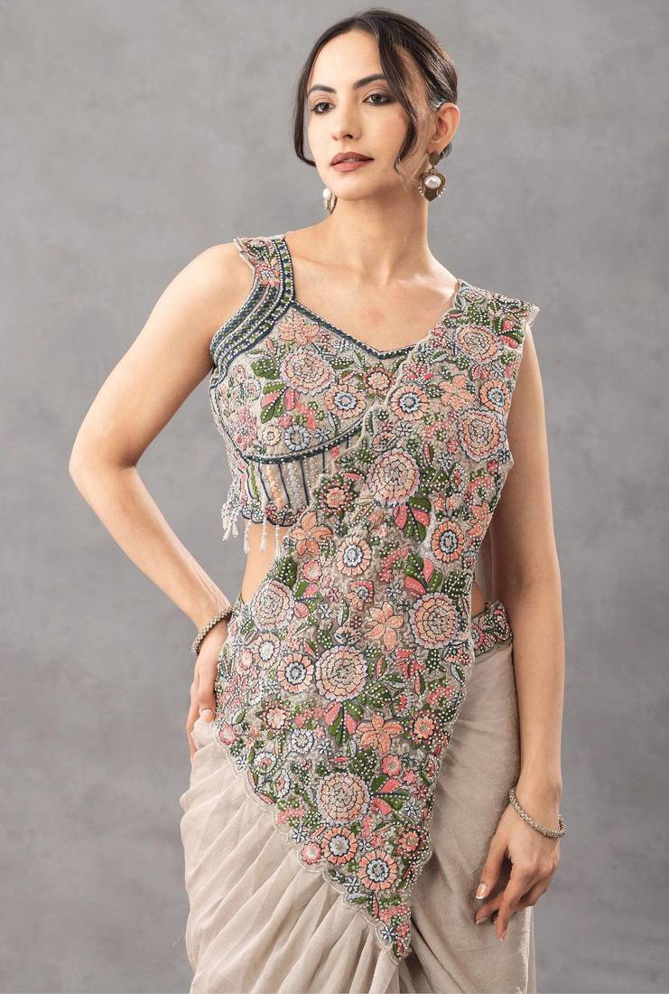 Off white chiffon hand embroidery full stitch up to 42 inch saree with blouse