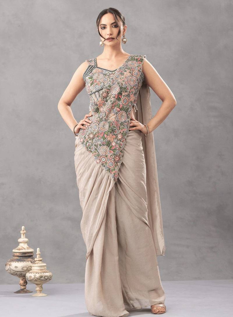 Off white chiffon hand embroidery full stitch up to 42 inch saree with blouse