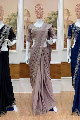 Wine chiffon hand embroidery full stitch up to 42 inch saree with blouse
