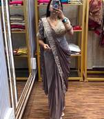 Wine chiffon hand embroidery full stitch up to 42 inch saree with blouse
