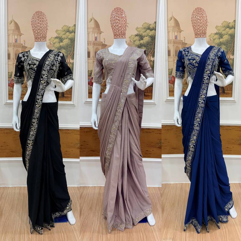 Blue chiffon hand embroidery full stitch up to 42 inch saree with blouse