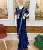 Blue chiffon hand embroidery full stitch up to 42 inch saree with blouse