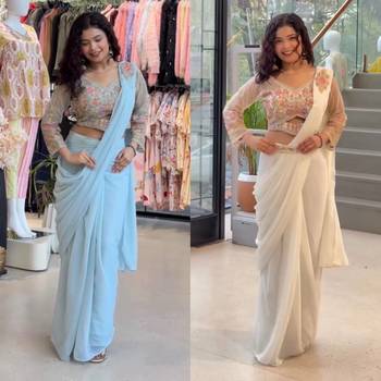 Sky blue faux georgette booti work full stitch up to 42 inch saree with blouse 2