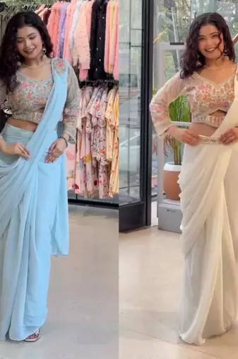 Sky blue faux georgette booti work full stitch up to 42 inch saree with blouse