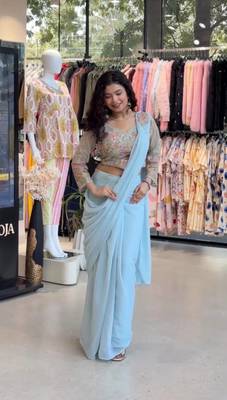 Sky blue faux georgette booti work full stitch up to 42 inch saree with blouse 4