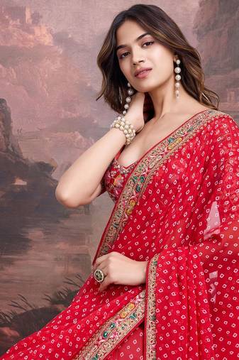 Embroidered Bandhani Saree With Blouse Piece