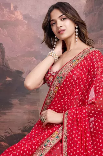 Embroidered Bandhani Saree With Blouse Piece